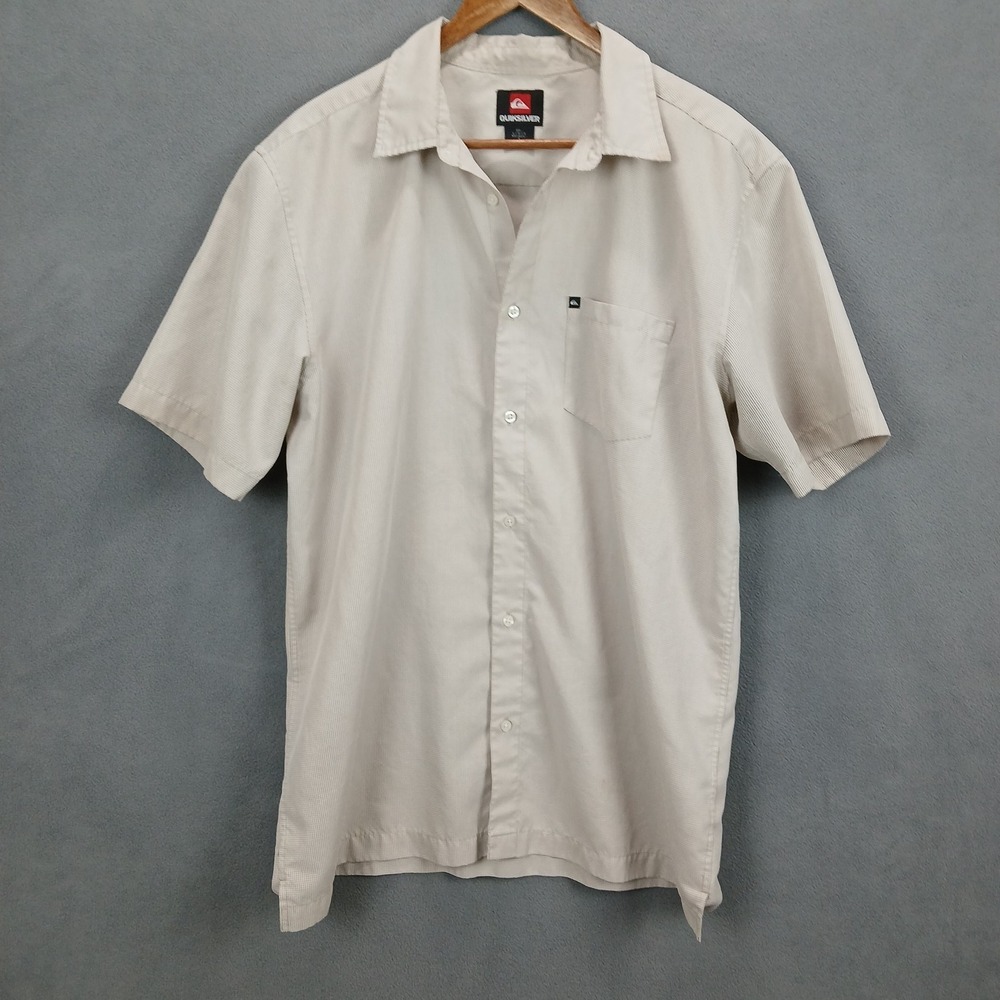 Quiksilver Shirt Mens Large Beige Check Logo Chest Pocket Side Slit Button Up